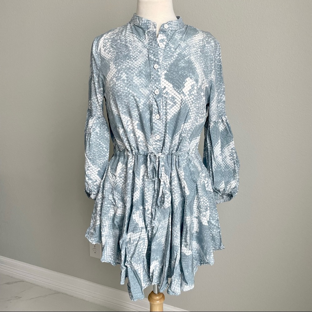 Olivaceous Snake Print Button Up Drawstring Mini Dress